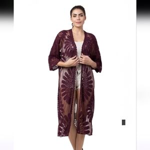 Raj Lace Duster Cover Up Plum Embroidered - Burgundy Kimono  Sz OS